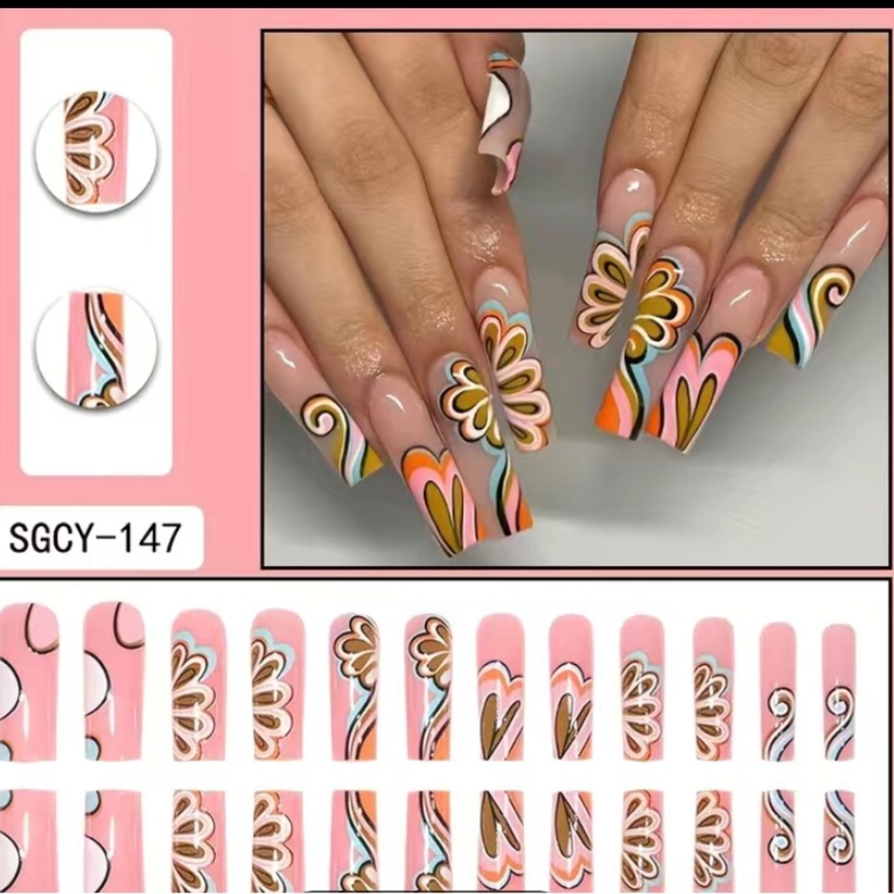 24pcs Glossy Long Square Pinkish Press On Nails Colorful Flower Sea Wave Design - Picture 2 of 5